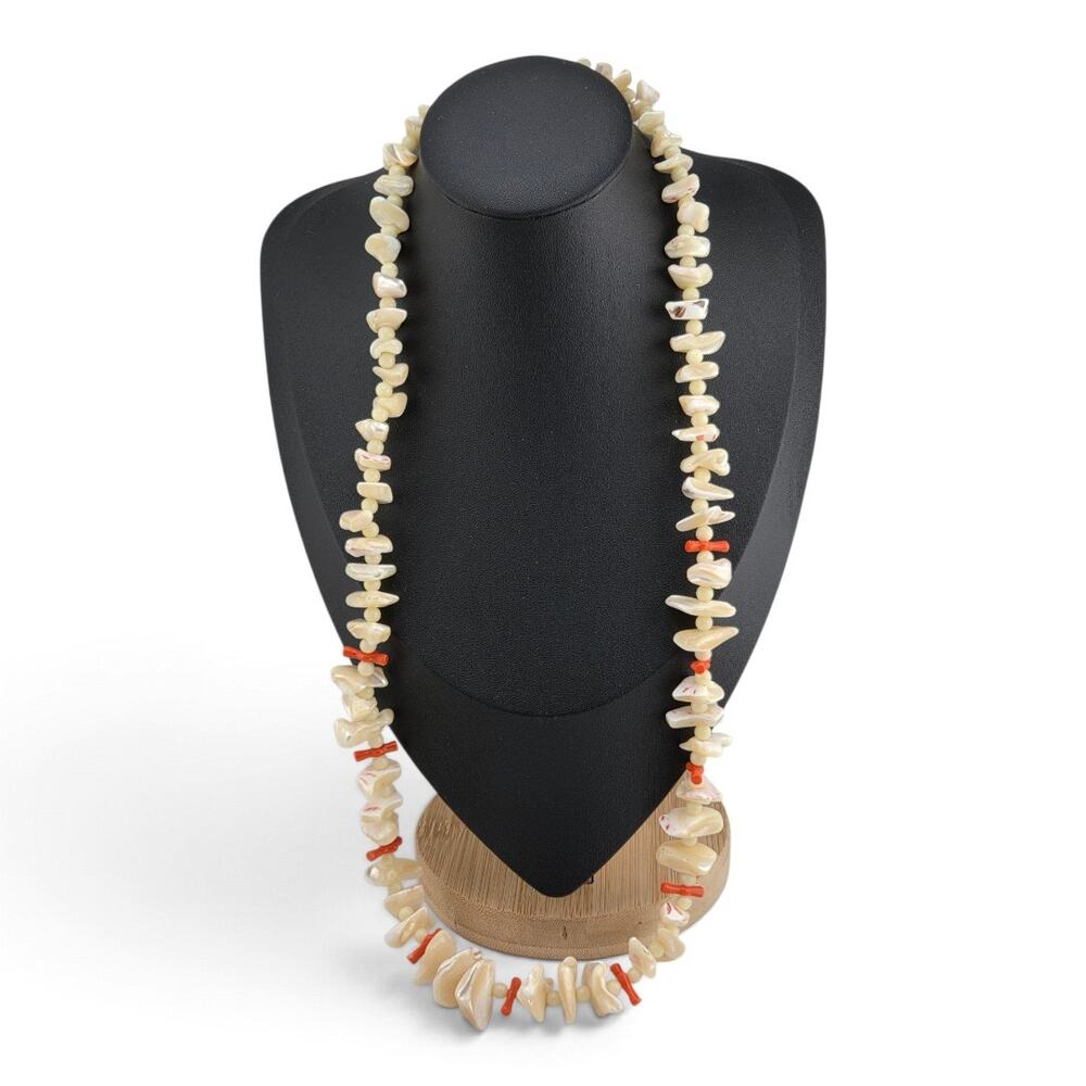 Mother of Pearl Chip Necklace Faux Coral Spacers Cream Shell Beads 28 In